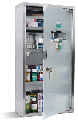Suusolny Wand-Apothekerschrank aus Edelstahl, 57,5cm Höhe 4 Fächer mit Glastür, abschließbar mit 2 Schlüsseln, Haus Erste Hilfe Schrank Silber