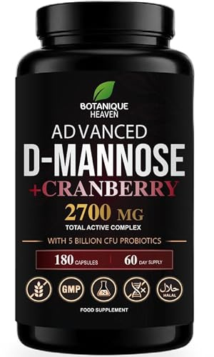 D Mannose Capsules with Cranberry PACs, Probiotics & Vitamin C – 2700mg High Strength Daily Wellness Complex – 180 Vegan Capsules – 60 Day Supply