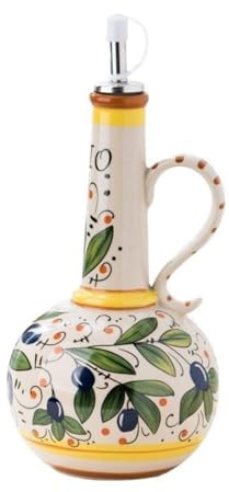 23oz Italian Ceramic Olive Oil Dispenser Bottle, Hand-Painted Decorative Stoneware Cruet with Stainless Steel Spout, for Cooking Oils, Vinegar & Sauces (green)