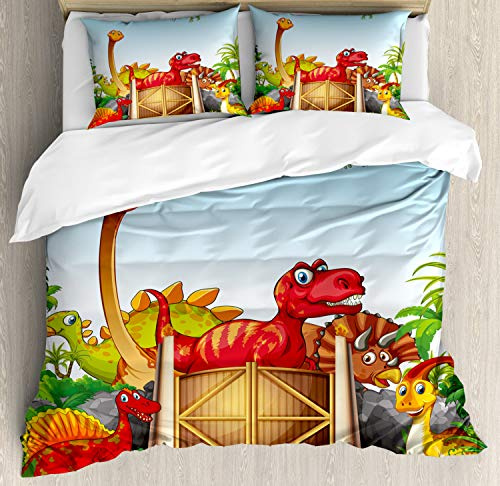 Ambesonne Dino Duvet Cover Set, Cartoon Style Dinosaurs in a Dino Park Jungle Trees Wildlife Habitat Illustration, Decorative 3 Piece Bedding Set with 2 Pillow Shams, Queen Size, Multicolor