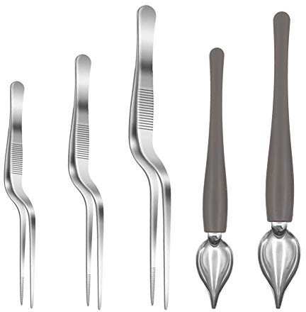 5 Pcs Kitchen Stainless Steel Culinary Drawing Spoons with Tapered Spout and Tweezers Precision Tongs Tweezers Set for Cooking Plates Decorating Dessert Cake Decoration Baking Pastry