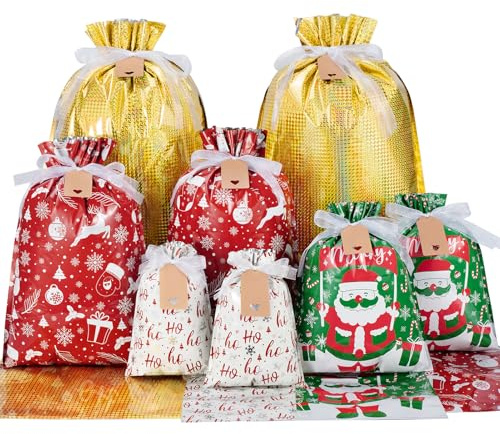 Asoulin Weihnachts-Geschenktüten mit Kordelzug und Etiketten – 40 Stück Weihnachts-Geschenktüten in verschiedenen Größen, groß, mittel, klein, Folien-Geschenkbeutel für Geburtstag, Leckereien,