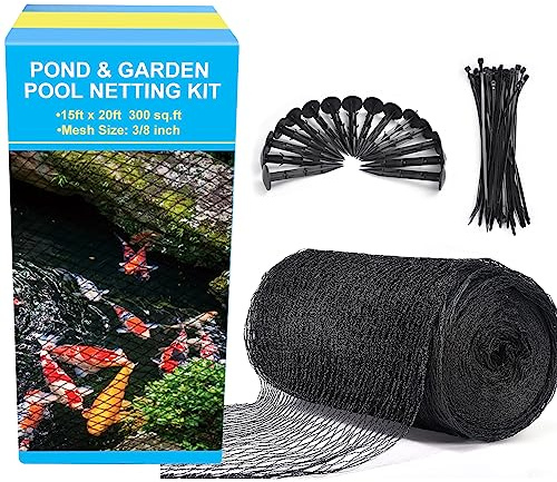 BUZIFU Pond Netting, 15 x 20FT Heavy Duty Pond Net for Koi Ponds, Garden Pool Fine Mesh Netting Kit for Leaves, Protects Koi Fish from Birds Cats Predators, with 14 Stakes and 30 Cable Zip Ties