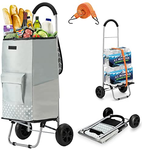 WONSEFOO Einkaufstrolley, Klappbarer bis 50kg Einkaufswagen Wasserdichter 75L Einkaufstasche Shoppingtrolley mit Spritzplatte Handwagen für Einkaufen oder Transportieren von Waren Grau (Grau)