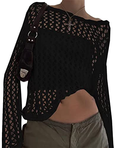 tinetill Corsetto da Donna Top Y2K Maglione Scava Fuori all'Uncinetto Maglione a Maniche Lunghe Y2k con Camicetta a Rete E-Girl Strappato Lavorato a Maglia Streetwear Crop Top Camicia Vintage