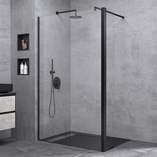 Sogood Paroi de Douche à L'italienne Transparent Pare-Douche Verre de Sécurité 10mm Bremen2K 50x200cm + Partie Latérale 30cm Profilé Noir Stabilisateur Rond