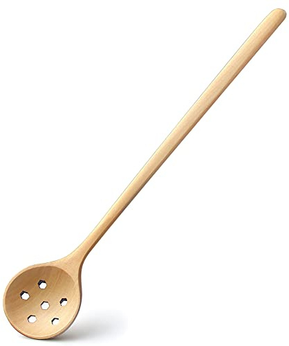 Lange Schlitzlöffel, Marmeladenlöffel, Olivenlöffel, 1 Stück japanischer Stil, 27,7 cm, 100 % natürliches Holz, langer Griff, runde Löffel mit Schlitzen für Suppe, Kochen, Mixen, Küchenutensilien