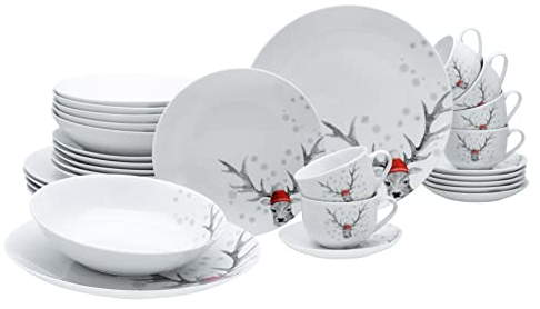 CreaTable, 13918, Serie Luna Hirsch, 30-teiliges Geschirrset für 6 Personen, Kombiservice aus Porzellan, spülmaschinen- und mikrowellengeeignet, Qualitätsproduktion