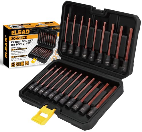 ELEAD 20-teiliges 3/8-Zoll-Antrieb, extra langer Inbus-Sechskant-Bit-Steckschlüssel-Satz, S2-Stahl, Standard SAE & metrisch (1/8 Zoll - 7/16 Zoll, 3-12 mm) für Schlagbohrmaschinen und