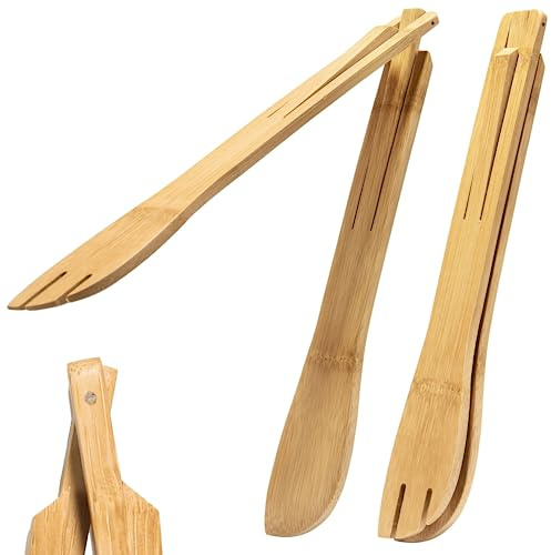 Versatile Bamboo Salad Tongs | Wooden Cooking Tongs, Enhanced Grip, Perfect for Kitchen Use, Camping, and Grills | Collapsible for Easy Carry & Storage and Serving Food | Set of 2