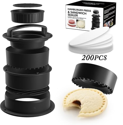 Skoye Prensa de hamburguesas 4 en 1 + 200 hojas de papel antiadherente – Herramienta multifuncional para crear hamburguesas perfectas en casa, moldes y prensa de calidad para cocina doméstica,