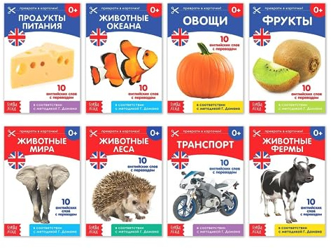 Russian English First Words Flash Cards, 8 pcs - Doman Flash Cards Learn Russian - Learning English as Second Language - Teaching Games 12+