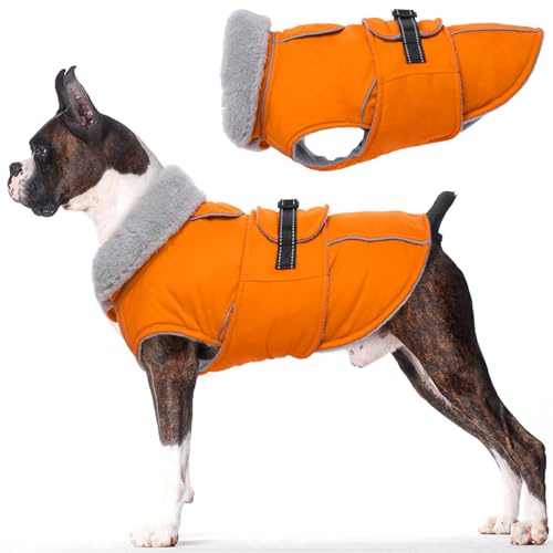 Lelepet Hundejacke Warmer Hundemantel Fleece Gefütterte Winterjacke für Große Hunde, Wind- und Wasserdichtes Hund Schneeanzug, Weiche Hundeweste Winter Outdoor Kostüm (Orange, L)