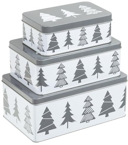 bonsport Keksdosen Set 3-teilig rechteckig - Weihnachten Plätzchendosen Gebäckdosen eckig, Tannenbaum - weiß/grau