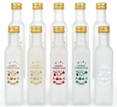 gouveo 10er Set Glasflasche 250 ml (0,25 l) Glasflasche 250 ml Maraska gefrostet Schraubverschluss PP 31,5 goldfarben, eckig bedruckt „Merry Christmas“ zum Abfüllen & Dekorieren (MFEF250G5XMAS)