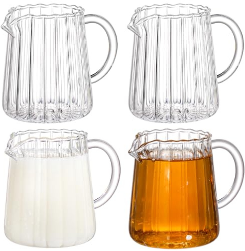 Yarlung 4 Pack Small Glass Pitcher, 240ml Crystal Clear Coffee Milk Creamer with Handle, Creative Tea Pitcher Fair Cups for Table Serving, Salad Sauce, Elegant Wave Shaped