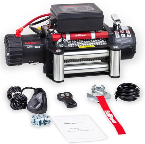 Bullpower Elektrische Seilwinde Offroad 4x4 Motorwinde Seilzug 12V 13000lbs - 5900kg OSW-13022 Mattes Design, integrierter Motorkühlung und verstärktem Rahmen
