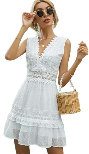 TEidea Vestito Donna Elegante Abito in Pizzo Bianco Estivo Mini Tank Dress, Senza Maniche Abito da Festa Senza Schienale, Retro Modello Volant Gonna-Bianco-M