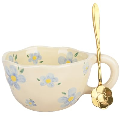 XinHuiGY Tazza da tè in ceramica, tazza da caffè kawaii, Regalo per donne, tazza creativa con fiore con cucchiaio, tazze estetiche, regalo di Natale per amiche, uomini, mamma, nonna, insegnante (Blu)