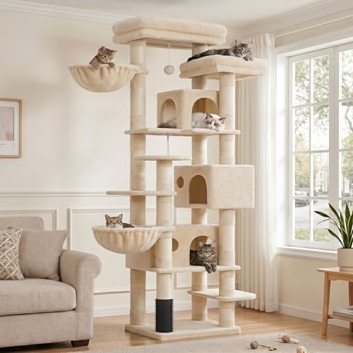 Hey-brother Árbol para Gatos Rascador XXL, Torre de Gatos Multi - Nivel de 188 cm de Altura,con 2 Grandes Plataformas, 3 Cuevas y 2 Cestas, Blanco Beige 0EMPJ035-MM