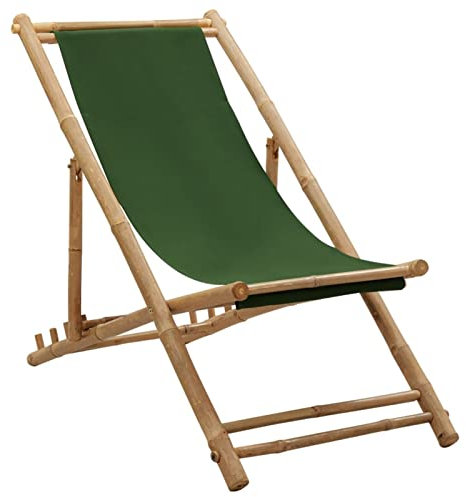 LAPOOH Liegestuhl, Gartenliege, Sonnenliege, Relaxliege, Deckchair, Terrassenstühle, Beach Chair, Saunaliege, Bambus und Segeltuch Grün