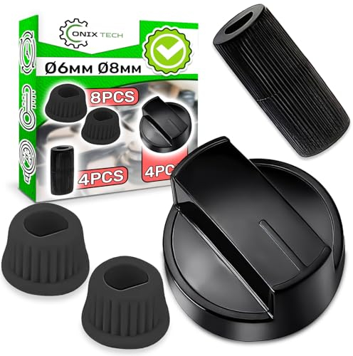Set mit vier Drehknöpfen für Gasherde und Adapter für Verdeckte und Hohe Achsen mit Durchmessern von 6 mm und 8 mm - Farbe Schwarz - Garantie 5 Jahre - ONIX TECH