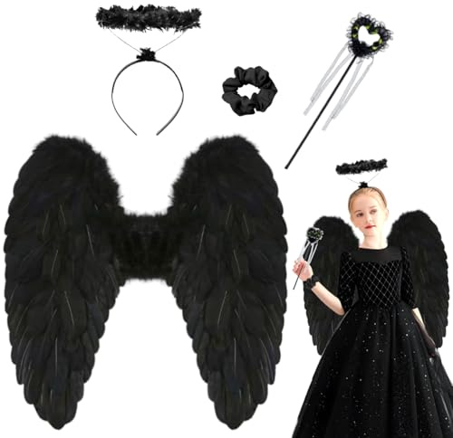 iDattel Engelsflügel mit Heiligenschein,Engelsflügel Deko mit Zauberstab,Schwarzer Engel kostüm damen für Halloween Karneval Cosplay Party,faschingskostüme damen,Kostümparty Verkleidung（45x45cm）