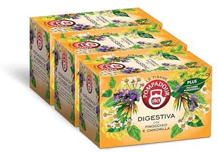 Pompadour, Tisana Digestiva Plus con Finocchio e Camomilla, 54 Filtri (3 Confezioni da 18 Filtri), Utile per Stimolare i Naturali Processi Digestivi, Senza Lattosio, Glutine e Allergeni, Vegan