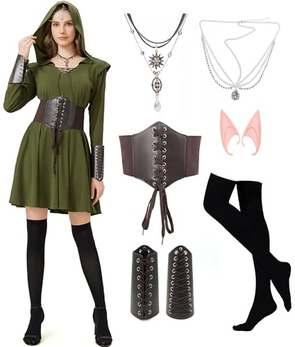 KUKIKUKI Ropa Medieval para Mujer, Vestido Gótico de Elfo, Conjunto de Vestido Medieval con Capucha para Mujer, Vestido Medieval para Mujer Renacentista para Adultos con Accesorios