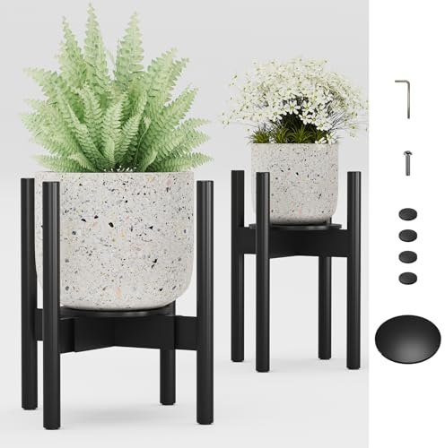 Semiocthome Adjustable Bamboo Plant Stand Indoor with Removable Tray, Wooden Flower Stand, Pot Holders Fits 20cm to 30cm Pots, Indoor Plant Stands for Living Room, Bedroom, Kitchen, 1 Pack - Black