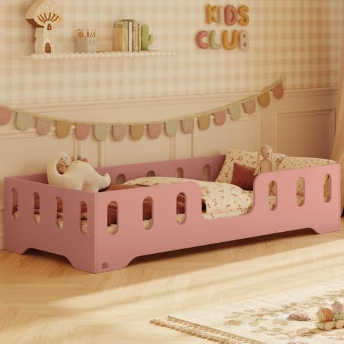 smartwood Bodenbett 80x160 cm mit Rausfallschutz, Holz, Rosa, TILA 2 | Montessori Kinderbett, Lattenrost belastbar bis 230 kg, FSC-Zertifikat, abgerundete Kanten, Einfache Montage, ab 3 Jahren