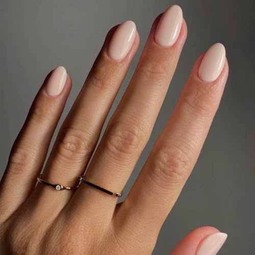 KQueenest Beige Press On Nails Kurz, Acryl Nägel zum Aufkleben Kurz Runde, Einfarbig Fake Nails Mandel Fingernägel zum aufkleben, Glänzende Gel Kunstnägel für Frauen Alltagstauglich 24 Stück
