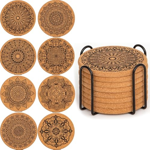 YUNYU Untersetzer aus Kork und Holz, mit Halterung, hitzebeständige Getränkeuntersetzer, rutschfeste, saugfähige Untersetzer-Set für Couchtische, natürliche braune Holzuntersetzer, Heimdekor-Zubehör