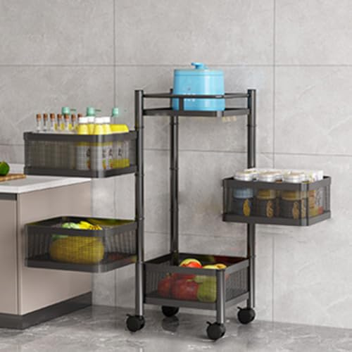 Creperture Estantería de almacenamiento giratoria para cocina, 4 niveles, cestas de almacenamiento para frutas y verduras, cesta extraíble, estantería de cocina multicapa con ruedas giratorias de 360°