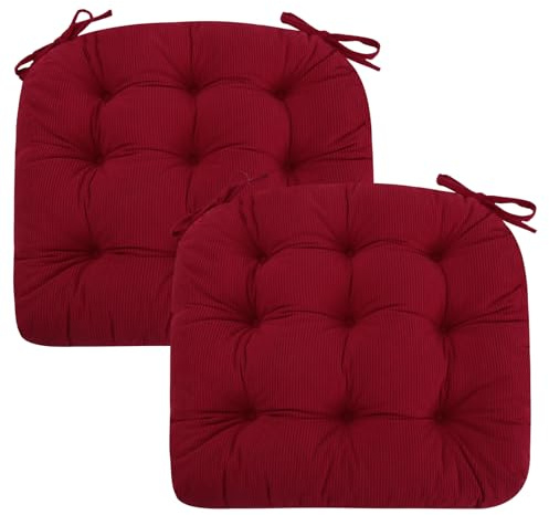 PRIMEPATIO 2er Set Stuhlkissen, 45x45x7 cm, Rot – Bequeme Sitzkissen aus Cordstoff und Kristallsamt mit Bindebändern, ideal für Esszimmer, Büro, Wohnzimmer und Gartenstühle, Hochwertige Füllung