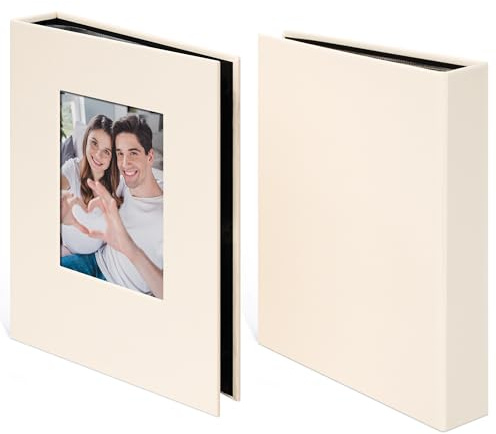 Hiwhy Álbum de Fotos 2 Pack con 24 Bolsillos, Cubierta de Lino y Ventana Personalizable, Apto para Fotos de 10x15 cm, Páginas Negras de Archivo, Beige