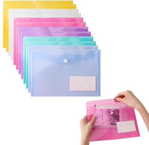 12 Stück Dokumententasche A5 Abheftbar 6 Farben, Wasserdichte Sammelmappe mit Druckknopf & Etikettentasche, Robuste Dokumentenmappe für Büro, Schule & Zuhause, Umschlagmappen zum Abheften