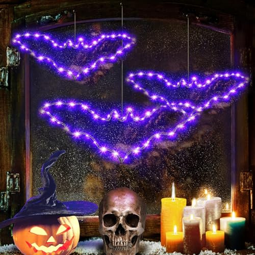 Helloween Deko Innen Outdoor, 3 Stück Halloween Lichterkette Lila LED Fledermaus Deko, Halloween Fensterdeko Lichter, 2 Modi Batteriebetriebene, Helloween Beleuchtung, Deko Haloween Für Fenster Tür