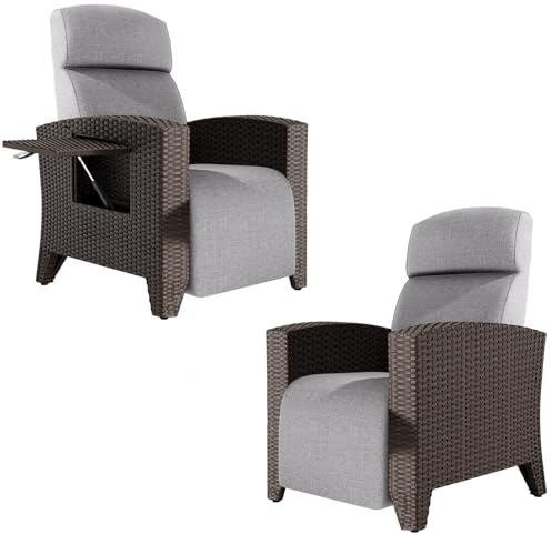 ONKBOITE Pack-2 Tumbona de Relax Ergonómica, Sillón de Ratán, Respaldo Ajustable, con Cojín Grueso, Adecuada para Interiores, Balcón, Jardín, Patio (Bordes de Ratán Negro + Cojín Gris)