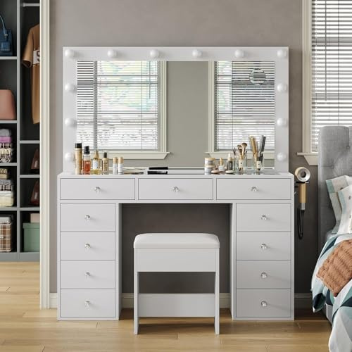 Yanosaku Coiffeuse avec Miroir et 12 Lampes LED, Table de Maquillage avec 11 Tiroirs, Ports USB, Prises et Tabouret Inclus, Éclairage Réglable à 3 Niveaux, Blanc