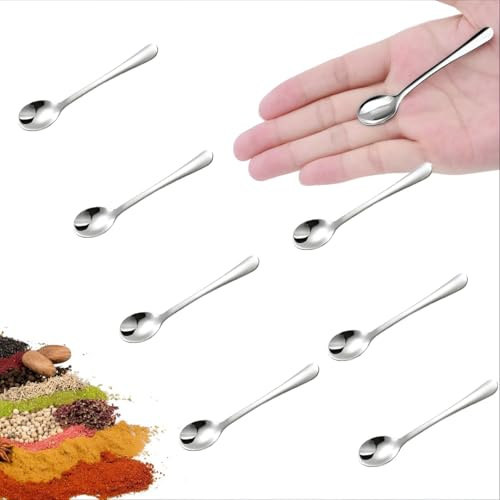 YEOVIBL 8 Stück Mini Löffel Set, Kleine Edelstahllöffel für Gewürzgläser, Salz, Zucker, Pfeffer, Honig, Kaffee, Dessert, Kondiment Löffel, SUS 304 Kleine Löffelchen (8 Stück klein (7,5 cm))