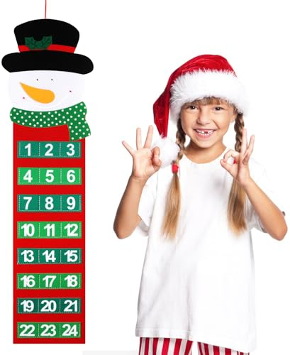 Srvillg Christmas Felt Advent Calendar, Felt Santa Advent Calendar with 24 Days Pockets Wall Hanging Xmas Christmas Countdown Advent Calendar for Wall Door Decorations (Snowman)
