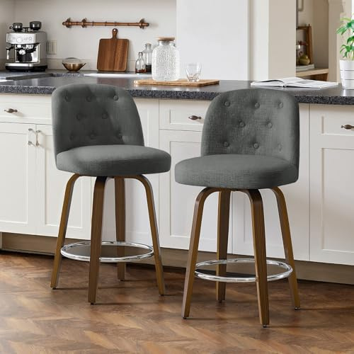 Bekrvio Holz-Beine Drehbarer Barhocker 2er Set, Dick Gepolsterter(10cm) Barstuhl mit Lehne, 65cm Sitzhöhe Drehsessel–Barstool, Tresenhocker 150kg Belastbar, Moderner Küchenstühle