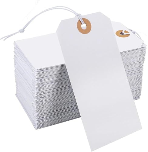 PAIKIUU 100 Stück Preisschilder mit Schnur mit verstärktem Loch Preis Krawatte auf Etiketten Weiß Geschenk Blanko Papier Tags Hängende Karte für Kleidung Gepäck Kleidung Schmuck