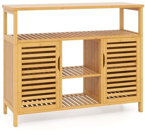 GIANTEX Armadio da bagno in bambù con ante a persiana e mensole, organizer per soggiorno, ingresso, cucina, sala da pranzo, 100 x 35 x 80 cm, naturale
