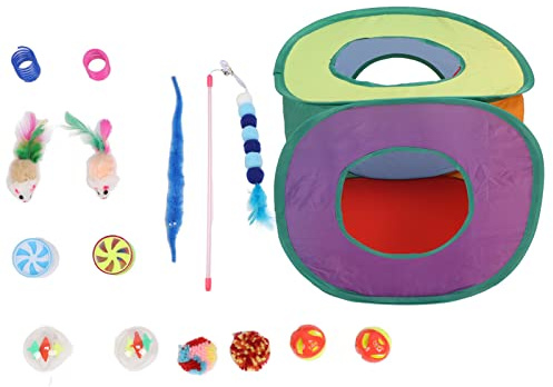 HOSEONFN Set di giocattoli per gatti, gioco interattivo, materiali tossici, 15 pezzi assortiti, tra cui tenda, palla, mouse, molle, divertimenti di gattini divertenti