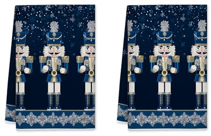 Lot de 2 torchons de cuisine motif casse-noisette, motif flocon de neige de Noël, bleu marine, absorbant, pour évier quotidien, 40,6 x 61 cm