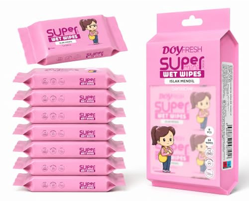 Big Dealz Super Mini Travel Wet Wipes, Sensitive, 8 Pack (64 Wipes), Pink