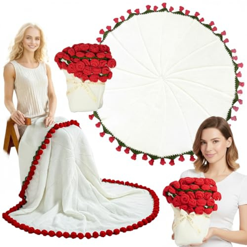 lomonmen Coperta per Bouquet di Fiori, 80cm Coperta con Rose Fatte a Mano con 52 Fiori per Festa della Mamma, San Valentino, Decorazione per Casa, Rosso