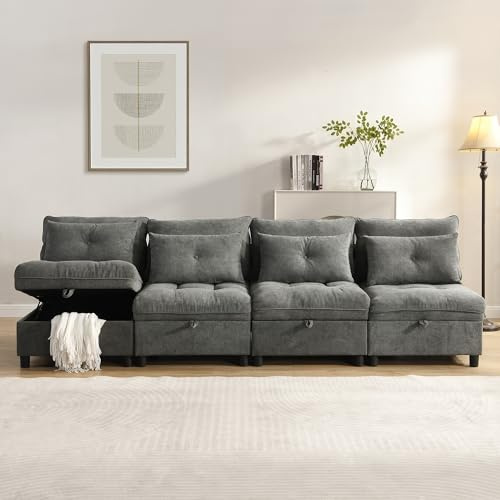 [Molnmodulsoffa] 4-sitsig modulär separerbar soffset: fritt kombinerbar + förvaringsutrymme under alla sittkuddar sovfunktion chenille-överdrag, fri rumsinredning med vardagsrum soffa kombination
